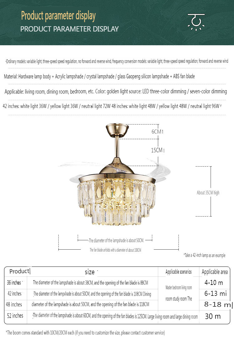 Nordic Style Living Room Crystal Ceiling Fan Light