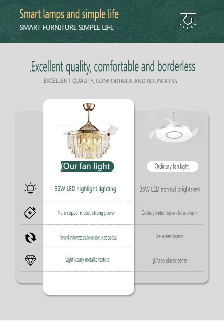 Nordic Style Living Room Crystal Ceiling Fan Light